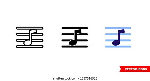 Music notation icon of 3 types: color, black and white, outline. Isolated vector sign symbol.