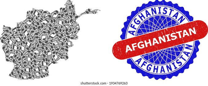 Music Notation Mosaic for Afghanistan Map and Bicolor Distress Stamp