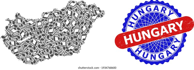 Music Notation Mosaic for Hungary Map and Bicolor Textured Stamp