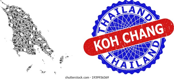 Mosaico de notación musical para el mapa de Koh Chang y el sello estrafalario bicolor