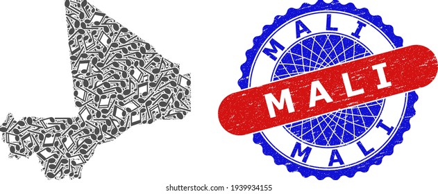 Music Notation Mosaic For Mali Map And Bicolor Scratched Seal