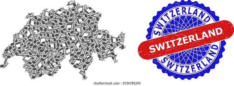 Music Notation Mosaic for Switzerland Map and Bicolor Textured Stamp