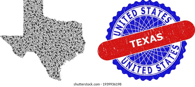 Music Notation Mosaic for Texas State Map and Bicolor Distress Seal