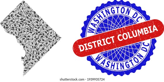 Mosaico de notación musical para el mapa de Columbia del distrito de Washington y sello de sello de sello de sello de color escogido