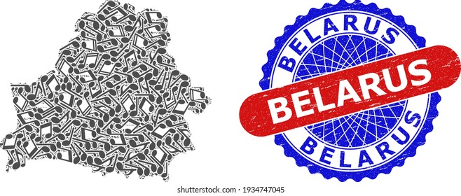 Music Notation Pattern for Belarus Map and Bicolor Scratched Stamp Badge