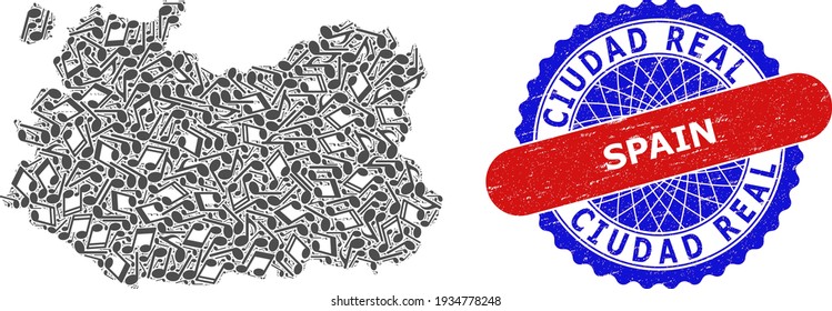 Music Notation Pattern for Ciudad Real Province Map and Bicolor Textured Stamp