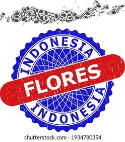 Music Notation Pattern for Flores Islands of Indonesia Map and Bicolor Grunge Rubber Stamp