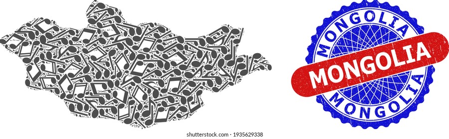 Music Notation Pattern for Mongolia Map and Bicolor Textured Seal Stamp