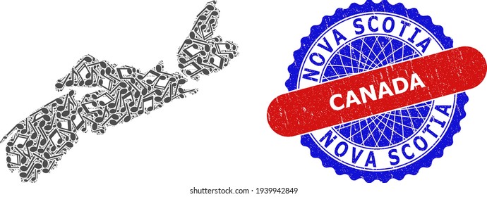 Music Notation Pattern for Nova Scotia Province Map and Bicolor Textured Stamp Badge