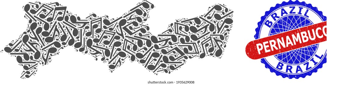 Music Notation Pattern for Pernambuco State Map and Bicolor Distress Rubber Stamp