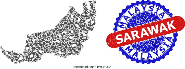 Music Notation Pattern For Sarawak State Map And Bicolor Scratched Stamp