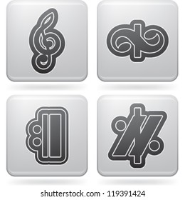 Music notation represents music through the use of written symbols. Pictured here left to right, top to bottom: G clef (Treble Clef), Turn, Repeat signs, Simile marks.
