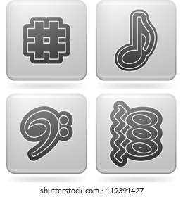 Music notation represents music through the use of written symbols. Pictured here left to right, top to bottom: Music sharp sign, Quaver / Eighth note, F clef (Bass Clef), Arpeggiated chord.
