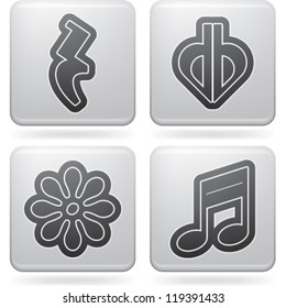 Music notation represents music through the use of written symbols. Pictured here left to right, top to bottom: Crochet, Flat-and-a-half (sesquiflat), Release pedal, Beamed sixteenth notes.