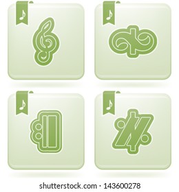 Music notation represents music through the use of written symbols. Pictured here left to right, top to bottom: G clef (Treble Clef), Turn, Repeat signs, Simile marks.
