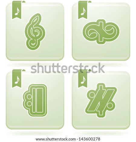 Music notation represents music through the use of written symbols. Pictured here left to right, top to bottom: G clef (Treble Clef), Turn, Repeat signs, Simile marks.