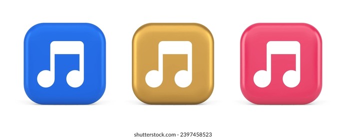 Music note audio sound button audio sound listening production 3d realistic blue gold and pink icons. Artistic classical composition play melody tone multimedia web app design