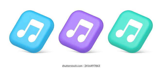 Music note audio sound button audio sound listening production 3d realistic blue purple and green icons. Artistic classical composition play melody tone multimedia web app design