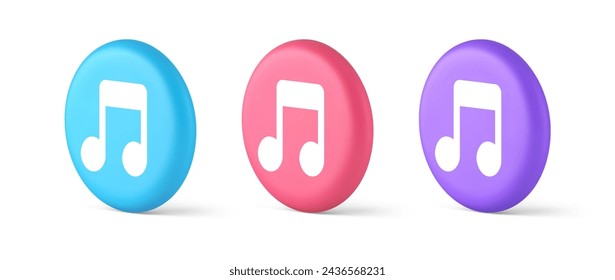 Music note audio sound button audio sound listening production 3d realistic blue pink and purple icons. Artistic classical composition play melody tone multimedia web app design