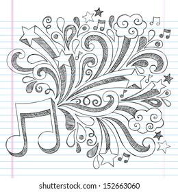 Music Note Back to School Sketchy Notebook Doodles with Music Notes and Swirls- Hand-Drawn Illustration Design Elements on Lined Sketchbook Paper Background