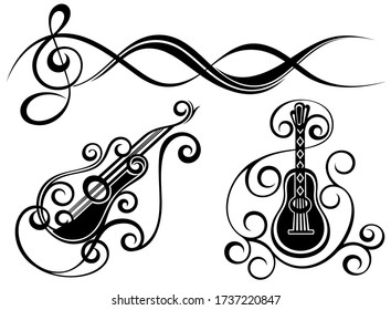 Music note background with different music symbols. Guitar