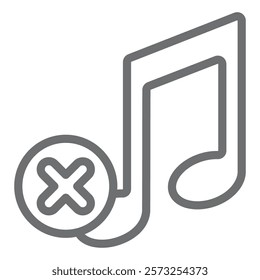 Music note ban line icon, prohibited items concept. Vector graphics. Melody sound, notes forbidden sign on white background, outline style icon for mobile or web design