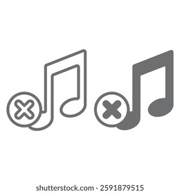 Music note ban line and solid icon, prohibited items concept. Vector graphics. Melody sound, notes forbidden sign on white background, outline style icon for mobile or web design