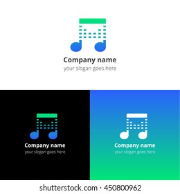 Music note beat blue-green gradient and white flat logo template. Vector icon for music company.