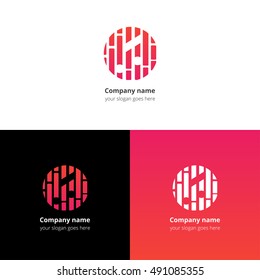 Music note and beat equalizer flat logo, icon, emblem, sign vector template. Abstract symbol and button with red-pink trend color gradient for music service or company on white background.