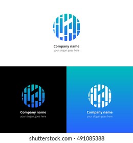 Music note and beat equalizer flat logo, icon, emblem, sign vector template. Abstract symbol and button with light blue-green trend color gradient for music service or company on white background.