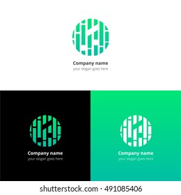 Music note and beat equalizer flat logo, icon, emblem, sign vector template. Abstract symbol and button with light green trend color gradient for music service or company on white background.