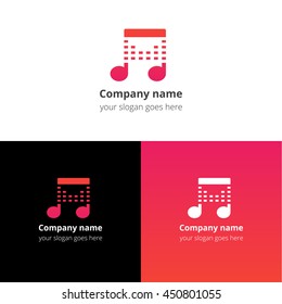 Music note beat red-pink gradient and white flat logo template. Vector icon for music company.