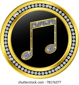 music note button, golden with diamonds, vector illustration