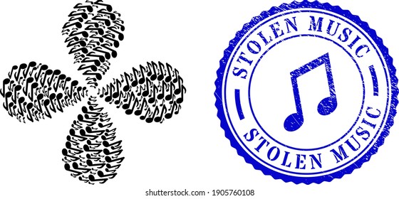 Music note centrifugal abstract flower, and blue round STOLEN MUSIC grunge stamp print with icon inside. Element flower with 4 petals organized from oriented music note items.