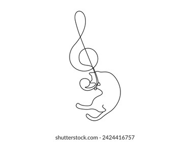 Music note continuous single line drawing. Treble clef one line art with cat. Isolated on white background vector illustration. Pro vector