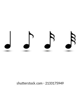 Music note, crotchet, quaver, semiquaver, demisemiquaver, isolated, symbols with shadow, vector illustration.