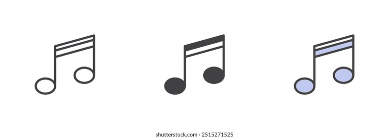 Music note different style icon set. Line, glyph and filled outline colorful version, outline and filled vector sign. Sound and melody symbol, logo illustration. Vector graphics
