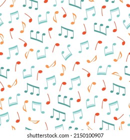 Music note doodle drawn pattern. Hand drawn sketch musical note seamless background. Melody symbol, black shape pattern vector illustration.