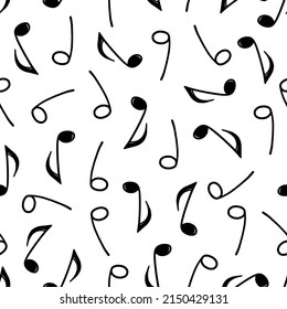 Music note doodle drawn pattern. Hand drawn sketch musical note seamless background. Melody symbol, black shape pattern vector illustration.