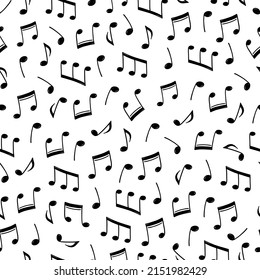 Music note doodle drawn pattern. Hand drawn sketch musical note seamless background. Melody symbol, black shape pattern vector illustration.