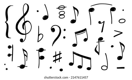 Musik Noten doodle gezeichnet Stil. Handgezeichnete musikalische Note, Schlüsselelement. Melodie Symbol, schwarze Form, Vektorgrafik.