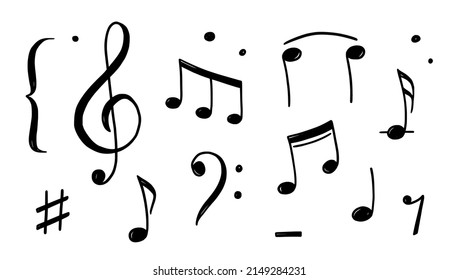 Music note doodle drawn style. Hand drawn sketch musical note, key element. Melody symbol, black shape vector illustration.