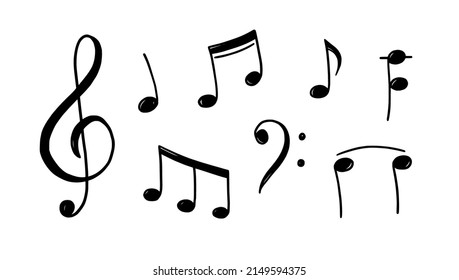 Music note doodle drawn style. Hand drawn sketch musical note, key element. Melody symbol, black shape vector illustration.