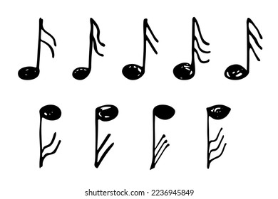 Music note doodle set. Hand drawn musical symbol. Elements for print, web, design, decor, logo