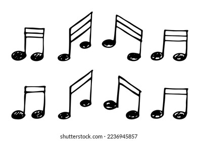 Notendoodle-Set. Handgezeichnetes musikalisches Symbol. Elemente für Druck, Web, Design, Dekoration, Logo