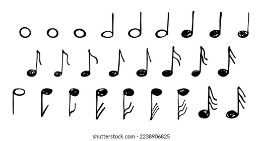 Conjunto de doodles de notas musicales. Símbolo musical dibujado a mano. Elementos de impresión, web, diseño, decoración, logotipo