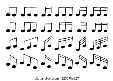 Notendoodle-Set. Handgezeichnetes musikalisches Symbol. Elemente für Druck, Web, Design, Dekoration, Logo