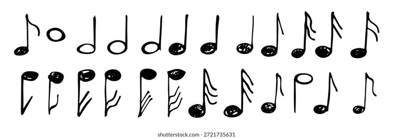 Conjunto de doodle de nota musical. Símbolo musical dibujado a mano. Elementos para la impresión, Web, diseño, decoración, logotipo