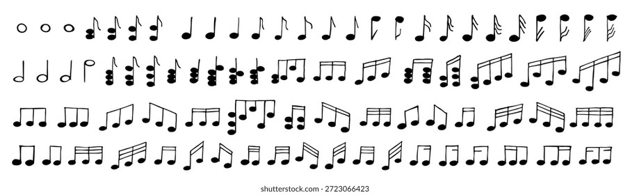 Conjunto de doodle de nota musical. Símbolo musical dibujado a mano. Elementos para la impresión, Web, diseño, decoración, logotipo