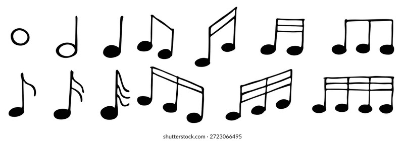 Conjunto de doodle de nota musical. Símbolo musical dibujado a mano. Elementos para la impresión, Web, diseño, decoración, logotipo